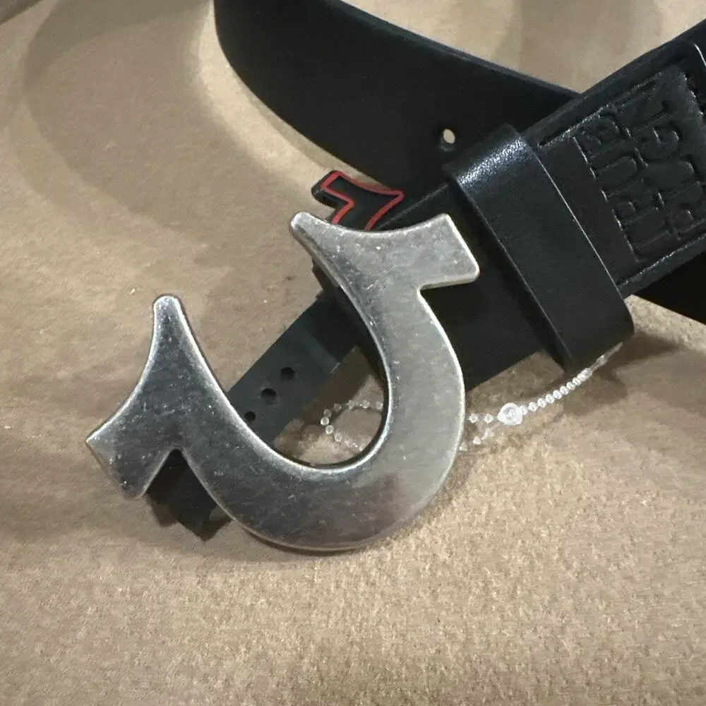 True Religion Mens Size 36 Belt Black Sage Heavy weight Horseshoe buckle exped.